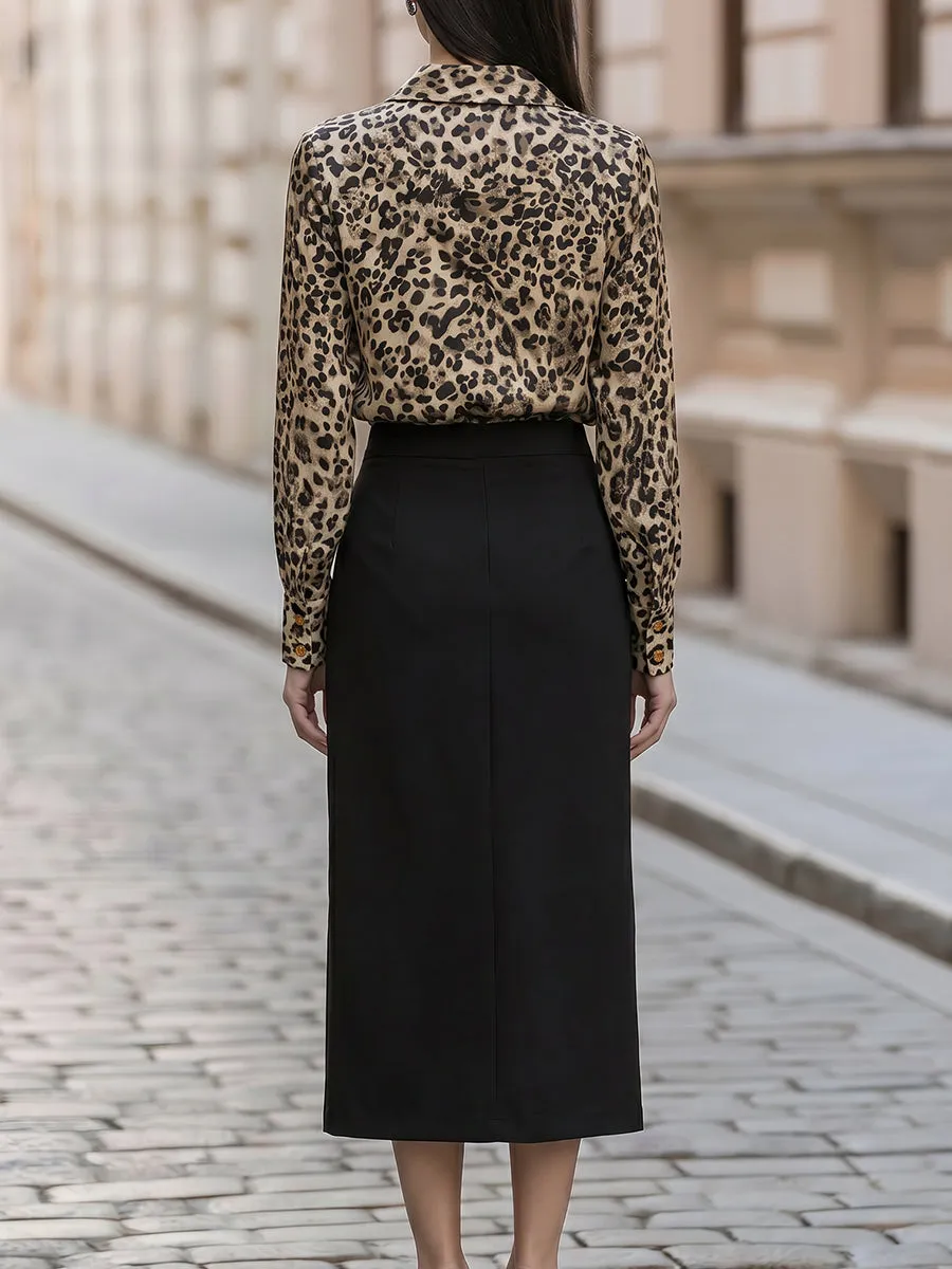 Leopard Print Draped Collar Blouse With Asymmetrical Slit Midi Skirt Set sold by Mooyius product image thumbnail 4