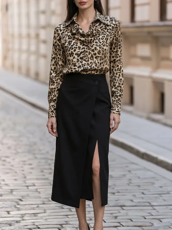 Leopard Print Draped Collar Blouse With Asymmetrical Slit Midi Skirt Set made by Mooyius