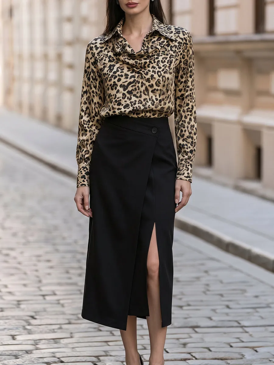 Leopard Print Draped Collar Blouse With Asymmetrical Slit Midi Skirt Set sold by Mooyius