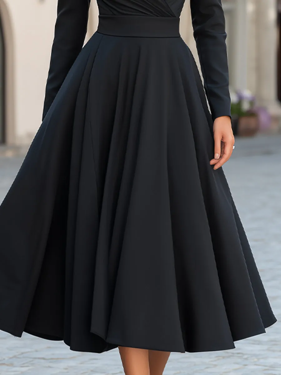 High Collar Wrap-Style Long Sleeve Pleated Flare Midi Dress sold by Mooyius product image thumbnail 4
