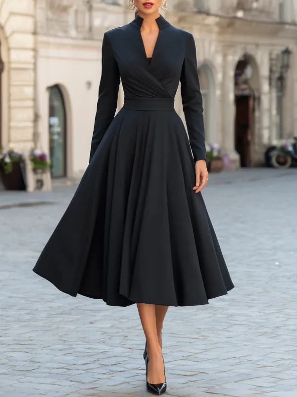 High Collar Wrap-Style Long Sleeve Pleated Flare Midi Dress made by Mooyius