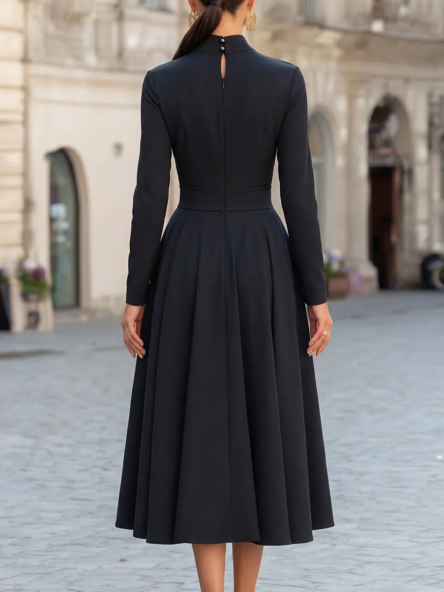 High Collar Wrap-Style Long Sleeve Pleated Flare Midi Dress sold by Mooyius product image thumbnail 2