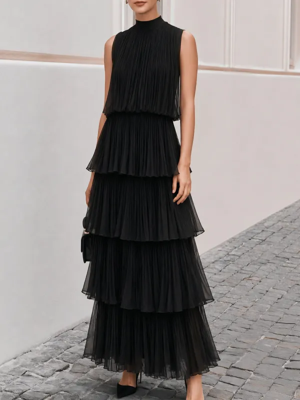 Sleeveless High Neck Pleated Tiered Chiffon Maxi Dress made by Something Navy