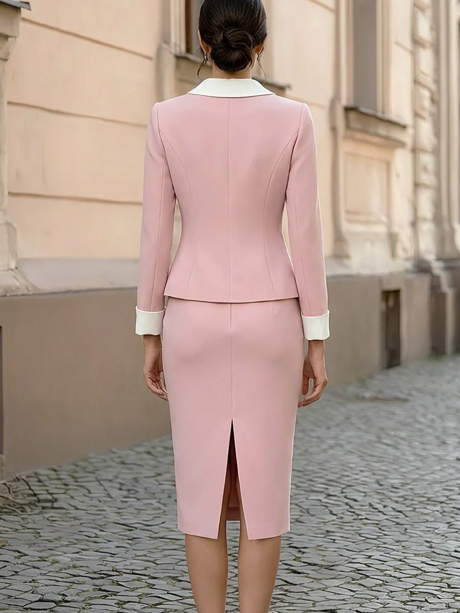 White Contrast Collar & Cuff Peplum Blazer & Midi Pencil Skirt Two-Piece Suit Set sold by Mooyius product image thumbnail 2