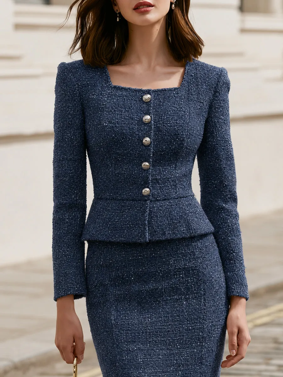 Tweed Square Neck Peplum Blazer & Pencil Midi Skirt Two-Piece Suit Set sold by Mooyius product image thumbnail 3