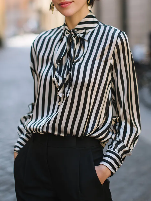 Tie-Neck Vertical Stripe Long Sleeve Blouse made by Mooyius