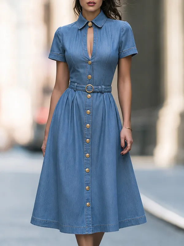 Belted Button-Front Shirt Midi Dress made by Mooyius