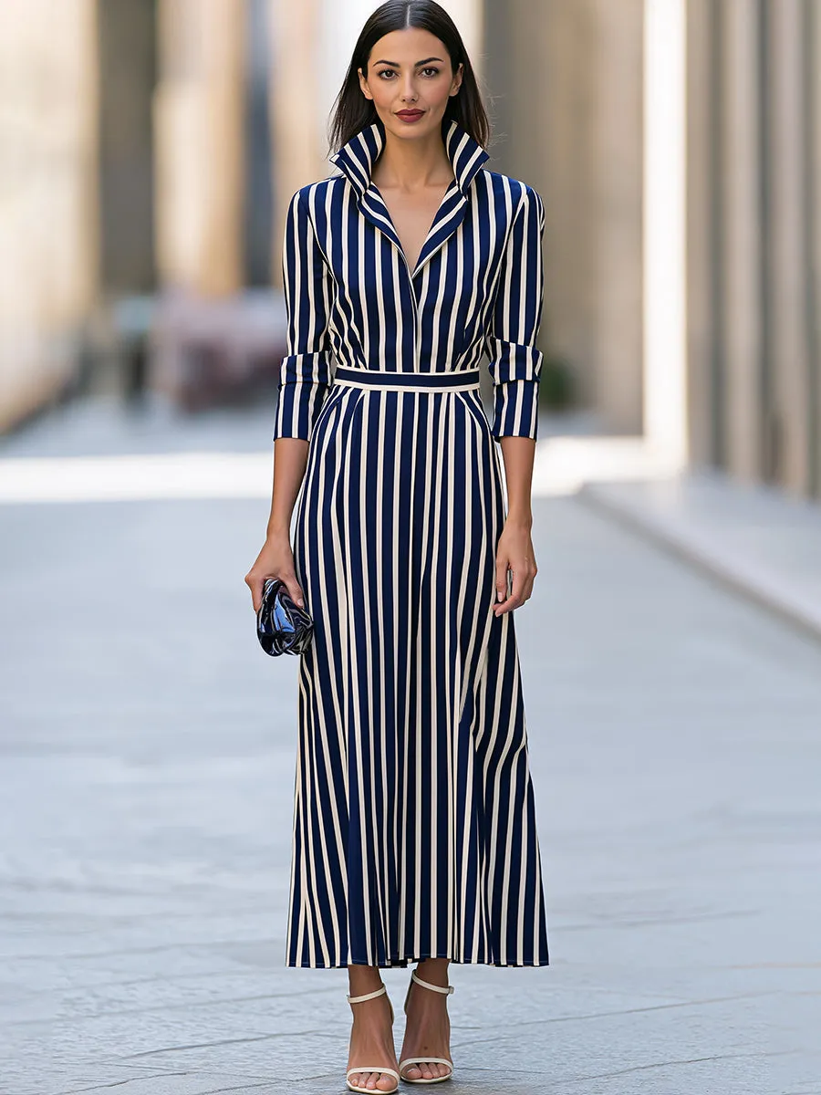 Striped Collared Belted Maxi Dress sold by Mooyius product image thumbnail 2