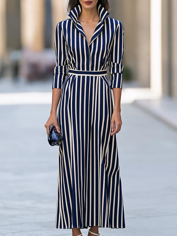 Striped Collared Belted Maxi Dress made by Mooyius