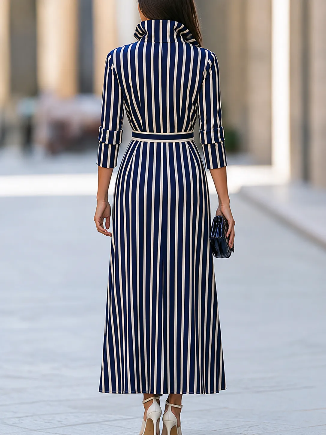 Striped Collared Belted Maxi Dress sold by Mooyius product image thumbnail 5
