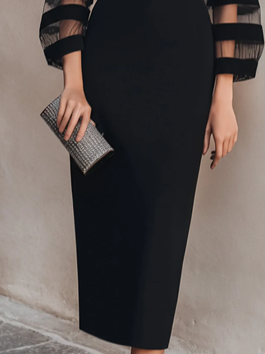 Sheer Mesh Striped Sleeve Bodycon Midi Dress sold by Mooyius product image thumbnail 4