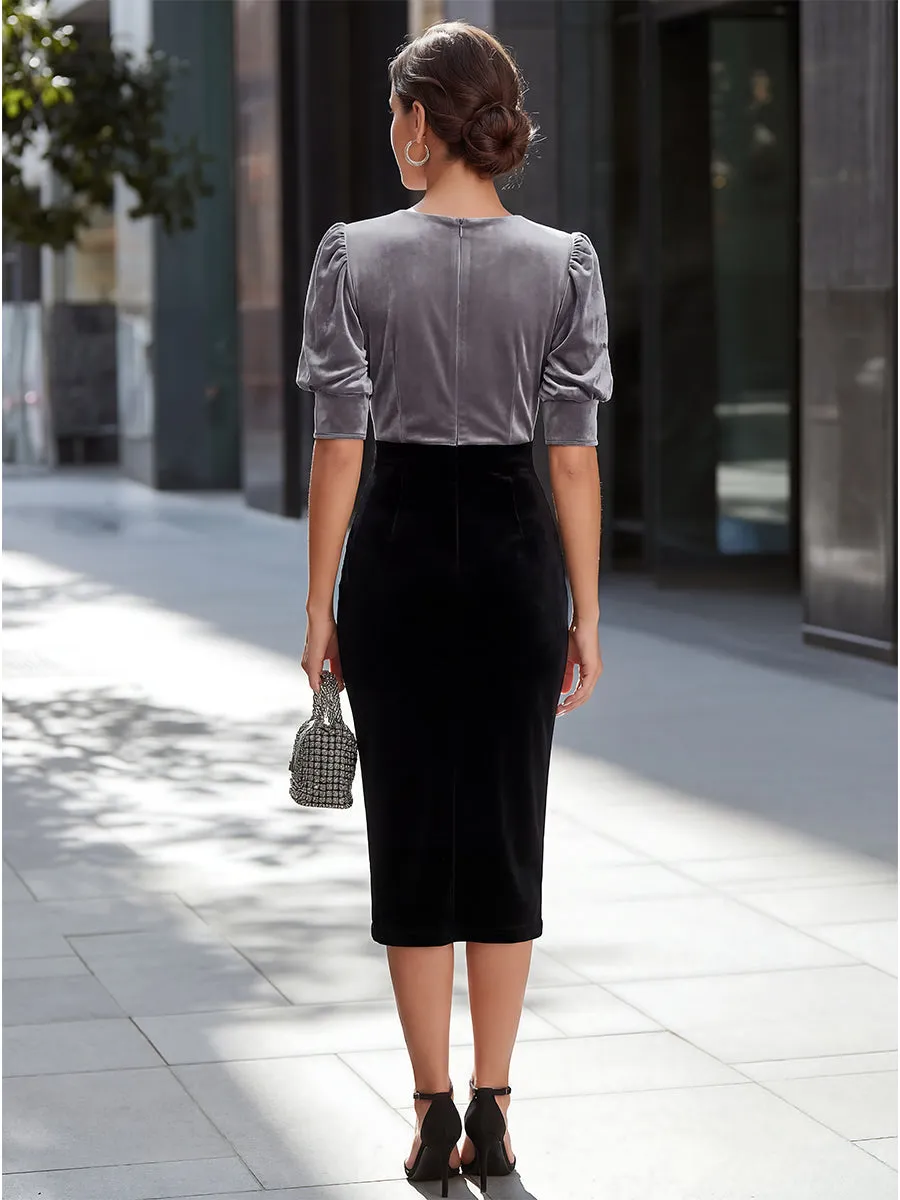Wrap-Front Puff-Sleeve Velvet Midi Dress sold by Mooyius product image thumbnail 5