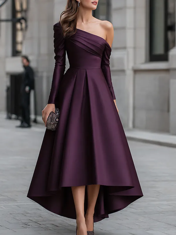 Asymmetric One-Shoulder Satin High-Low Maxi Dress made by Mooyius