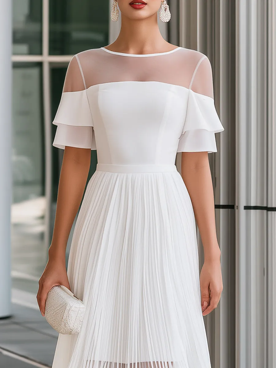 Sheer Mesh Neck Chiffon Pleated A-Line Midi Dress sold by Mooyius product image thumbnail 2
