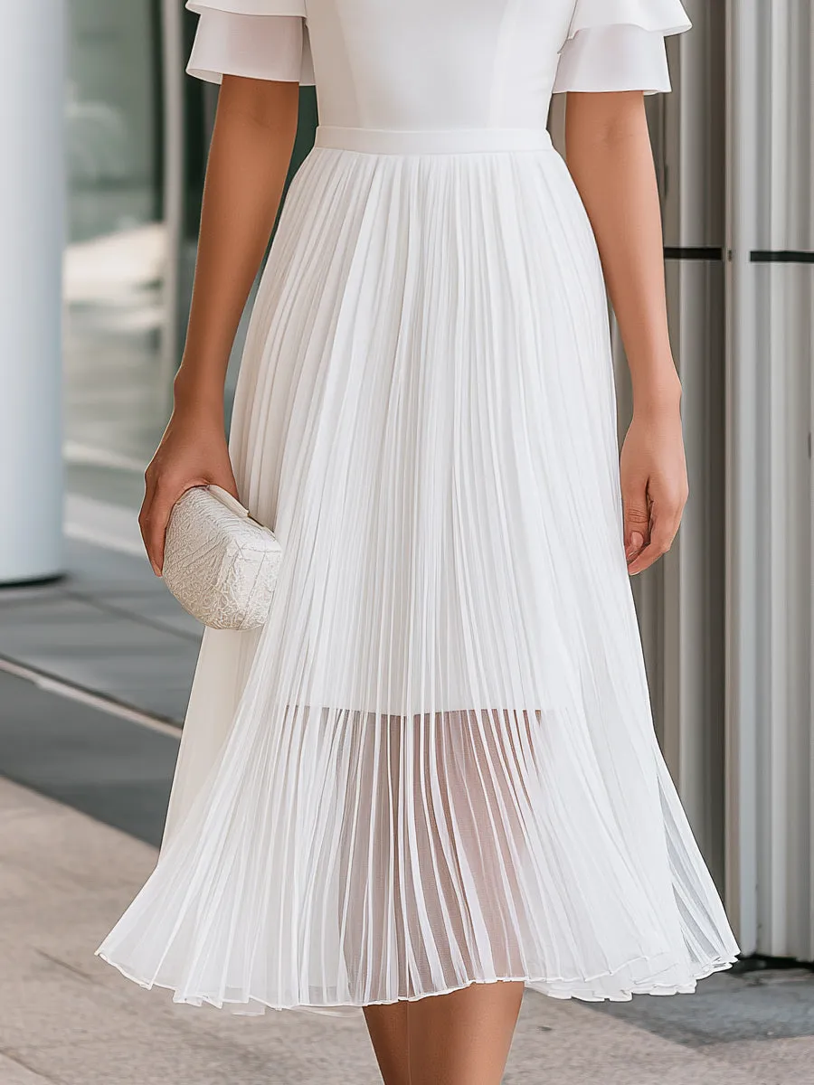 Sheer Mesh Neck Chiffon Pleated A-Line Midi Dress sold by Mooyius product image thumbnail 3