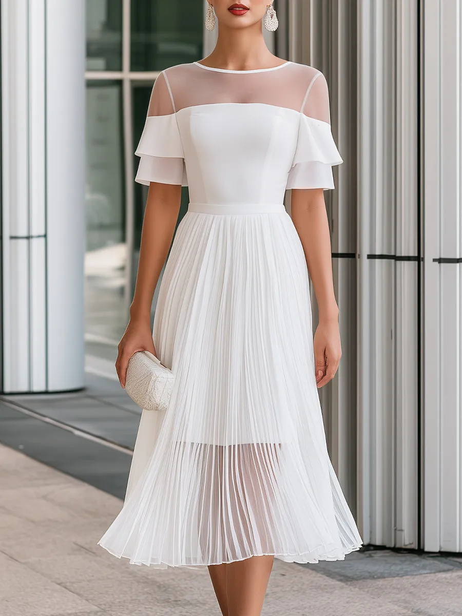 Sheer Mesh Neck Chiffon Pleated A-Line Midi Dress sold by Mooyius