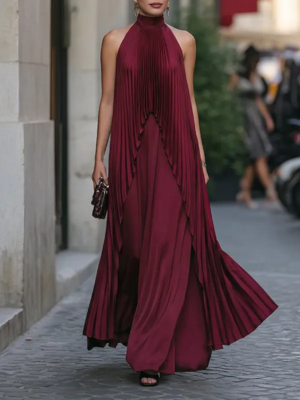 Halter Mock Neck Pleated Overlay Maxi Dress made by Mooyius