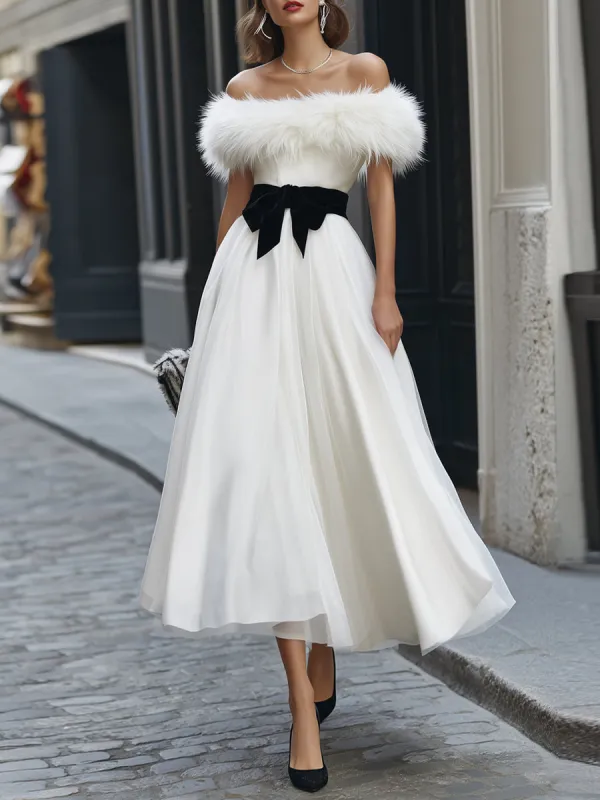 Detachable Faux Fur Trim Off-Shoulder Tulle Midi Dress made by Mooyius