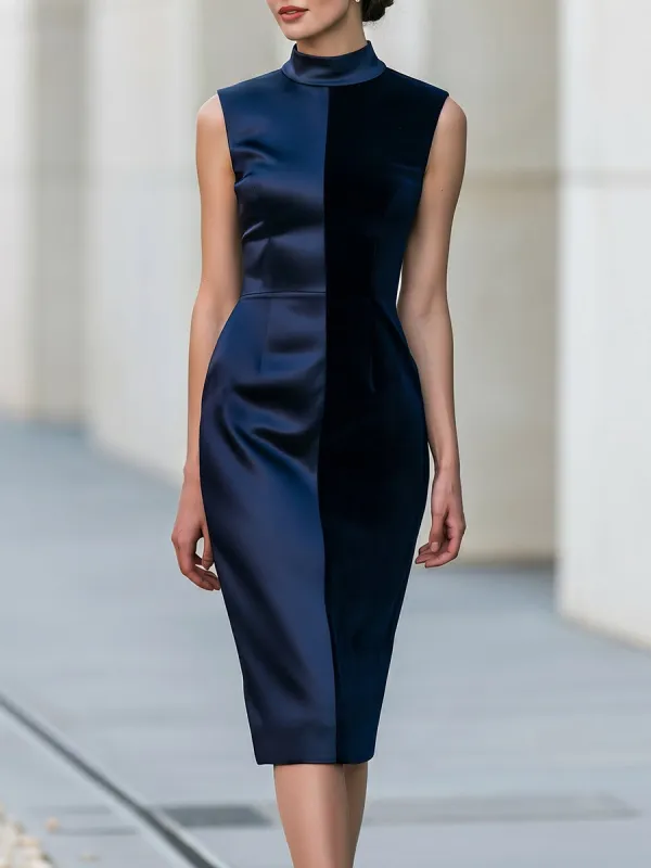 Sleeveless Colorblock Mock Neck Sheath Midi Dress made by Mooyius