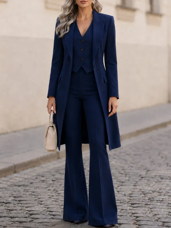 Three-Piece Suit, Long Line Blazer + V-Neck Vest + Flared Trousers Formal Set made by Something Navy
