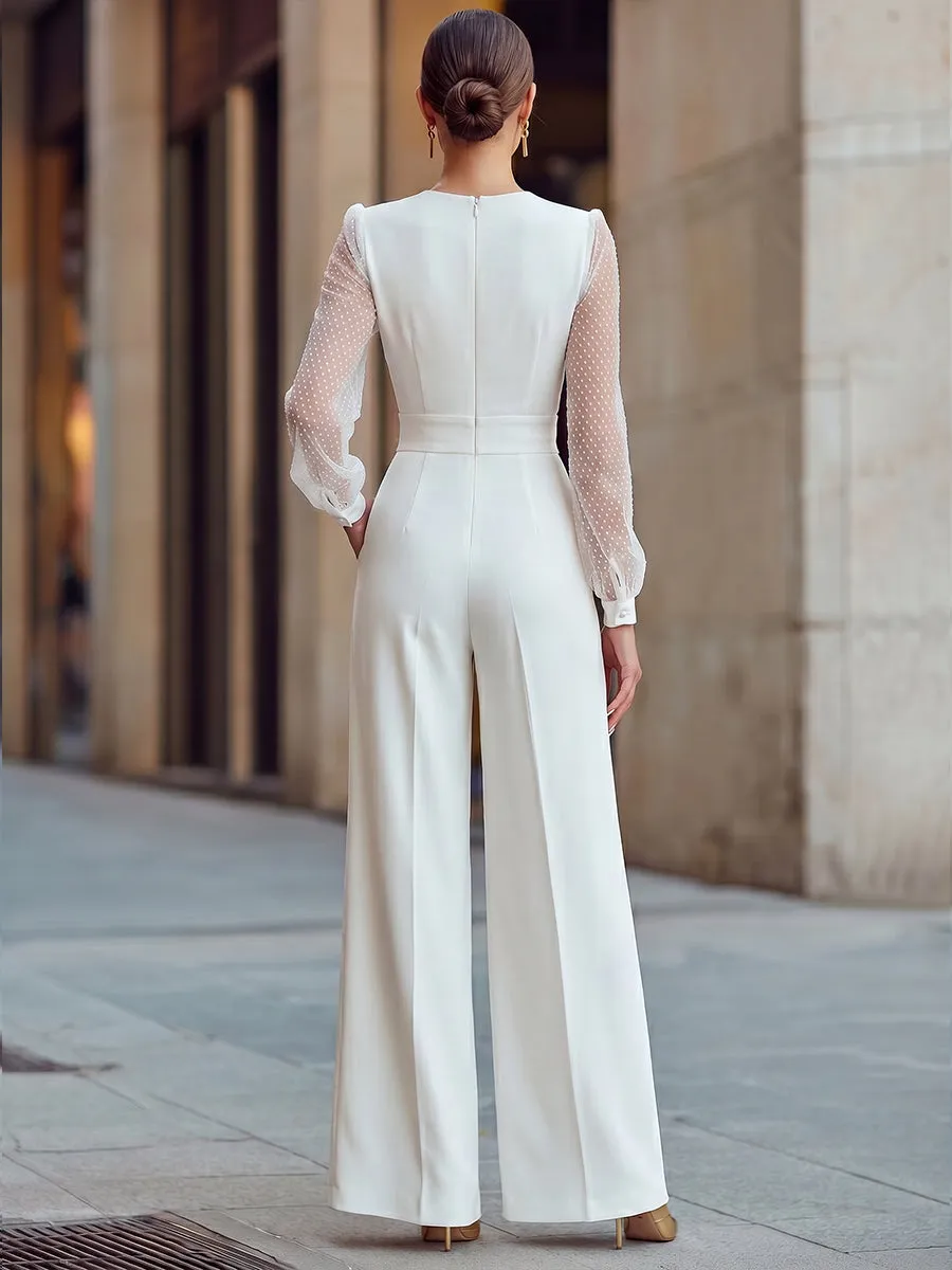 Sheer Dotted Sleeve Wrap-Front Wide-Leg Jumpsuit sold by Mooyius product image thumbnail 5