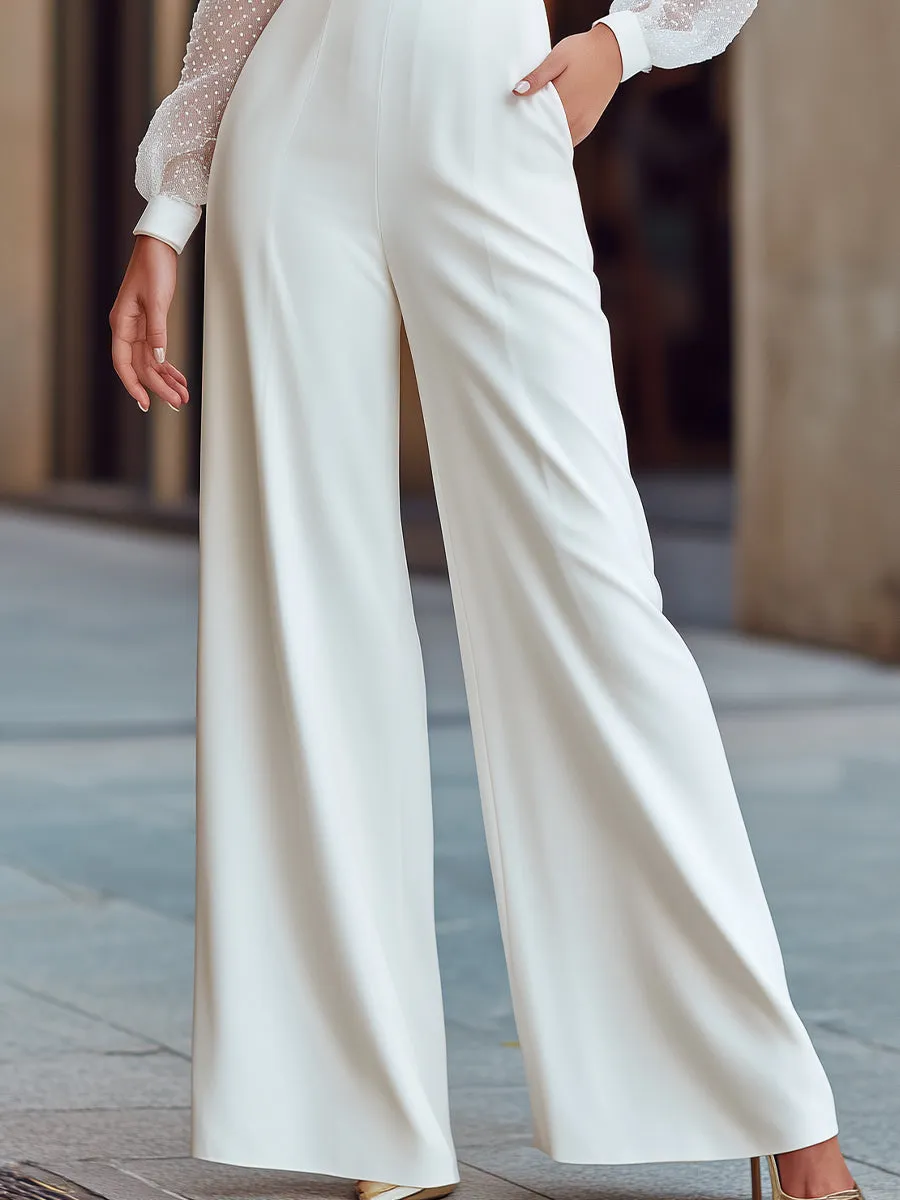 Sheer Dotted Sleeve Wrap-Front Wide-Leg Jumpsuit sold by Mooyius product image thumbnail 4