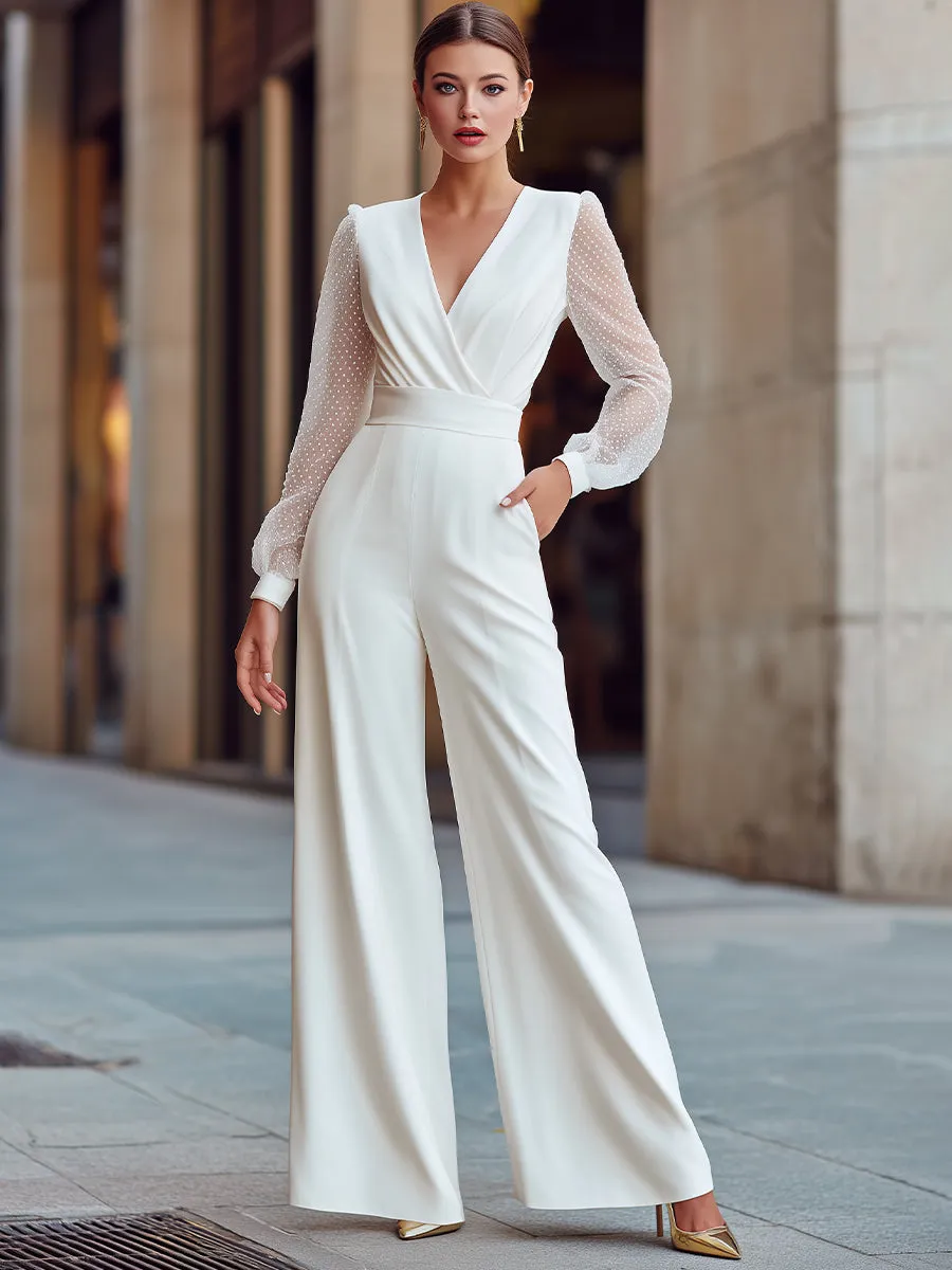 Sheer Dotted Sleeve Wrap-Front Wide-Leg Jumpsuit sold by Mooyius product image thumbnail 2