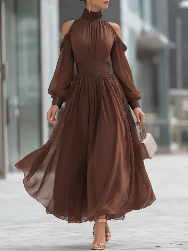 Cold-Shoulder Pleated Chiffon Maxi Dress made by Mooyius
