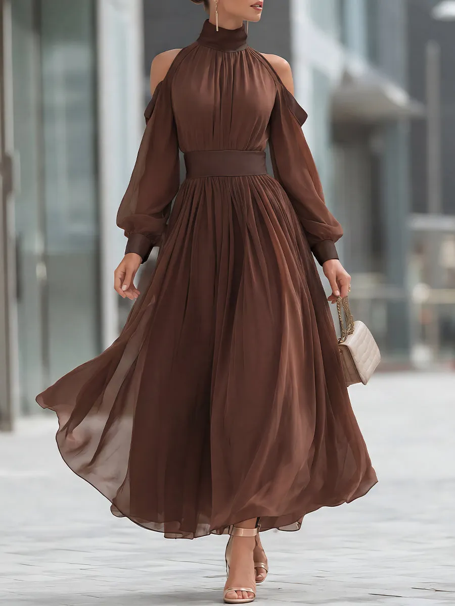 Cold-Shoulder Pleated Chiffon Maxi Dress sold by Mooyius