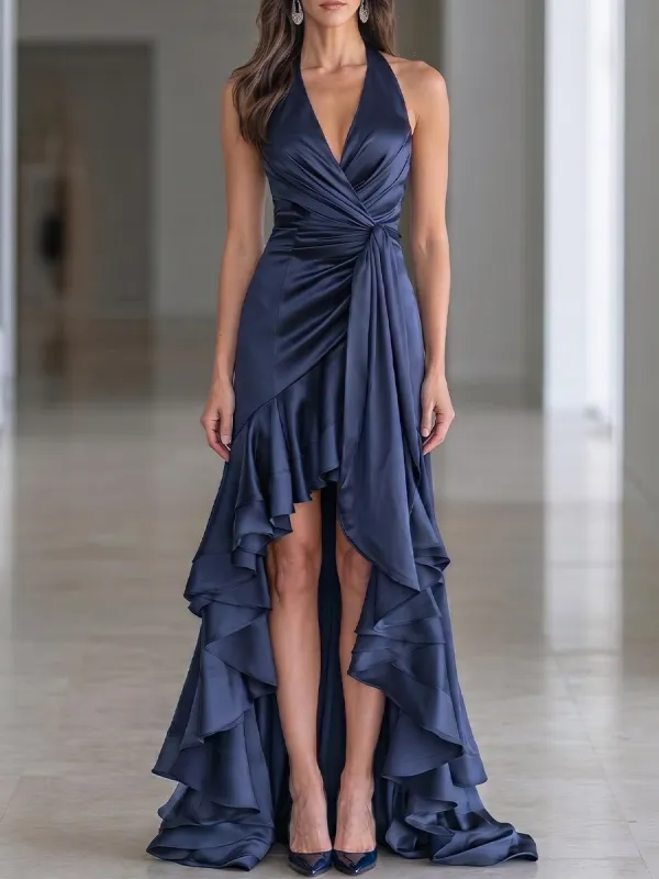 Halter Neck Ruched Satin High-Low Ruffle Gown made by Mooyius