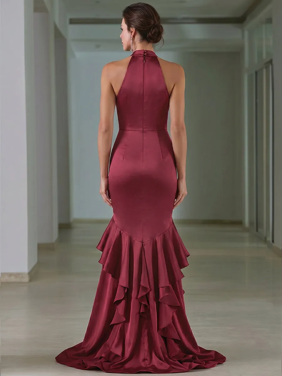 Floral Appliqué Halter Satin Ruffle Mermaid Gown sold by Mooyius product image thumbnail 5