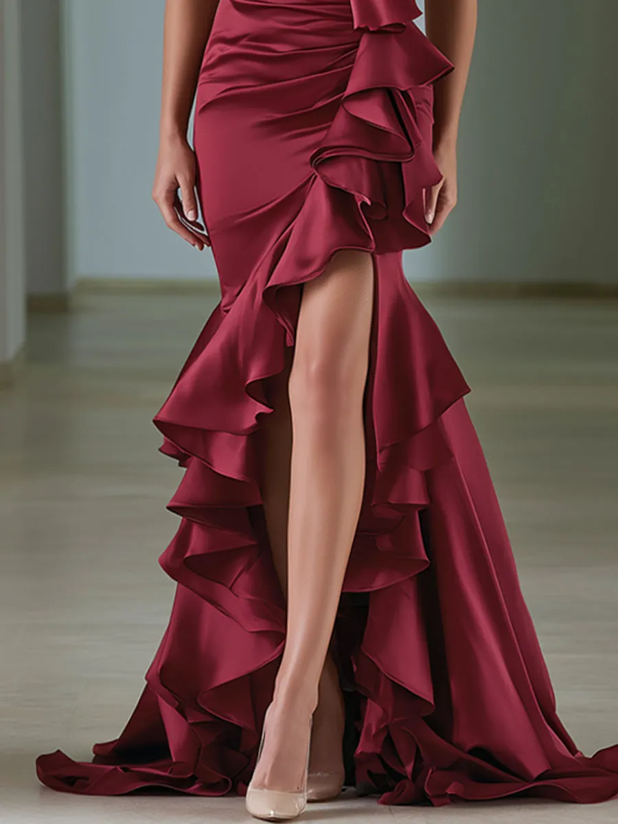 Floral Appliqué Halter Satin Ruffle Mermaid Gown sold by Mooyius product image thumbnail 4