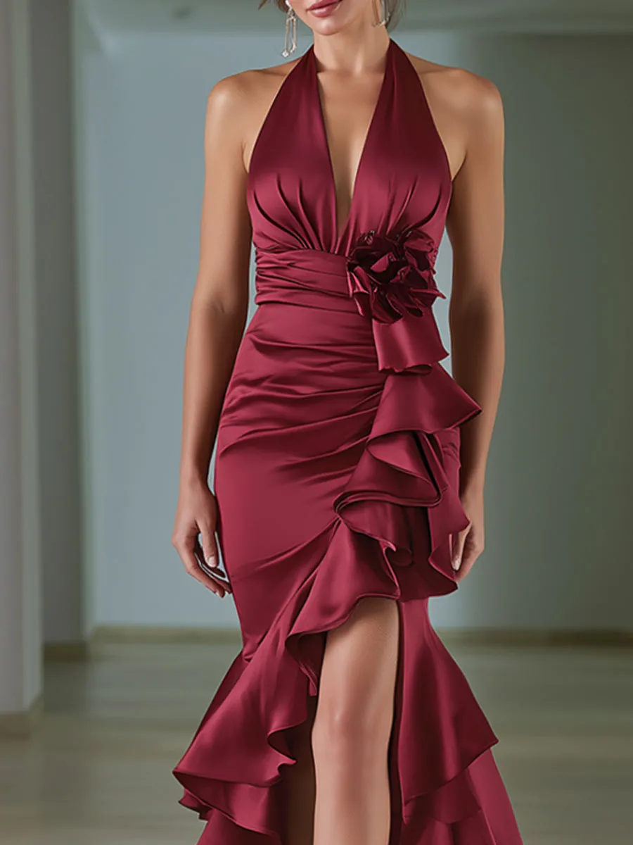 Floral Appliqué Halter Satin Ruffle Mermaid Gown sold by Mooyius product image thumbnail 3