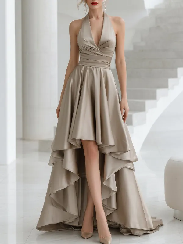 Halter Wrap Satin Layered High-Low Gown made by Mooyius
