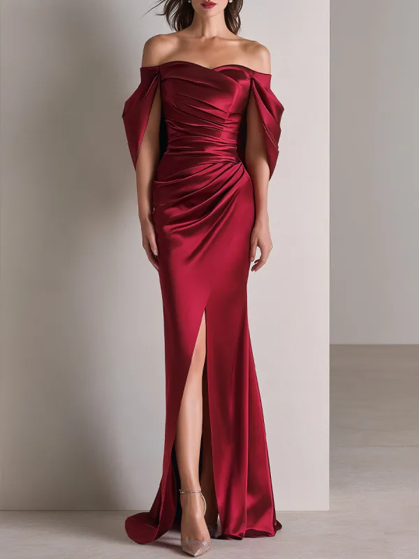 Off-Shoulder Draped Sleeve Ruched Satin Evening Gown made by Mooyius