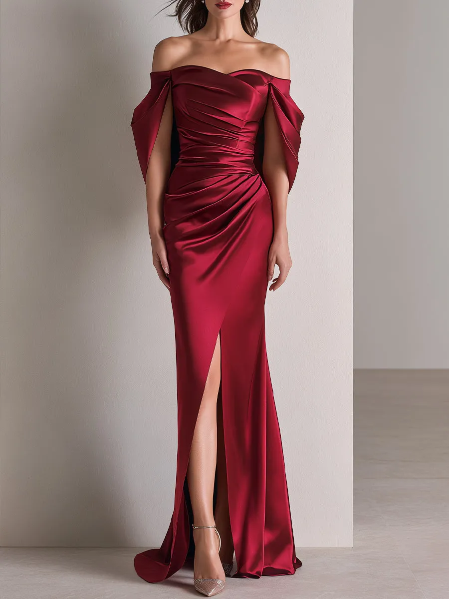 Off-Shoulder Draped Sleeve Ruched Satin Evening Gown sold by Mooyius