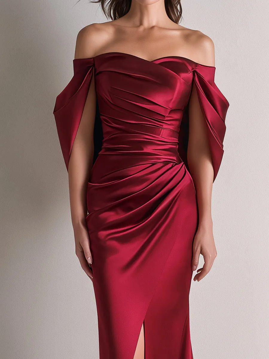 Off-Shoulder Draped Sleeve Ruched Satin Evening Gown sold by Mooyius product image thumbnail 3