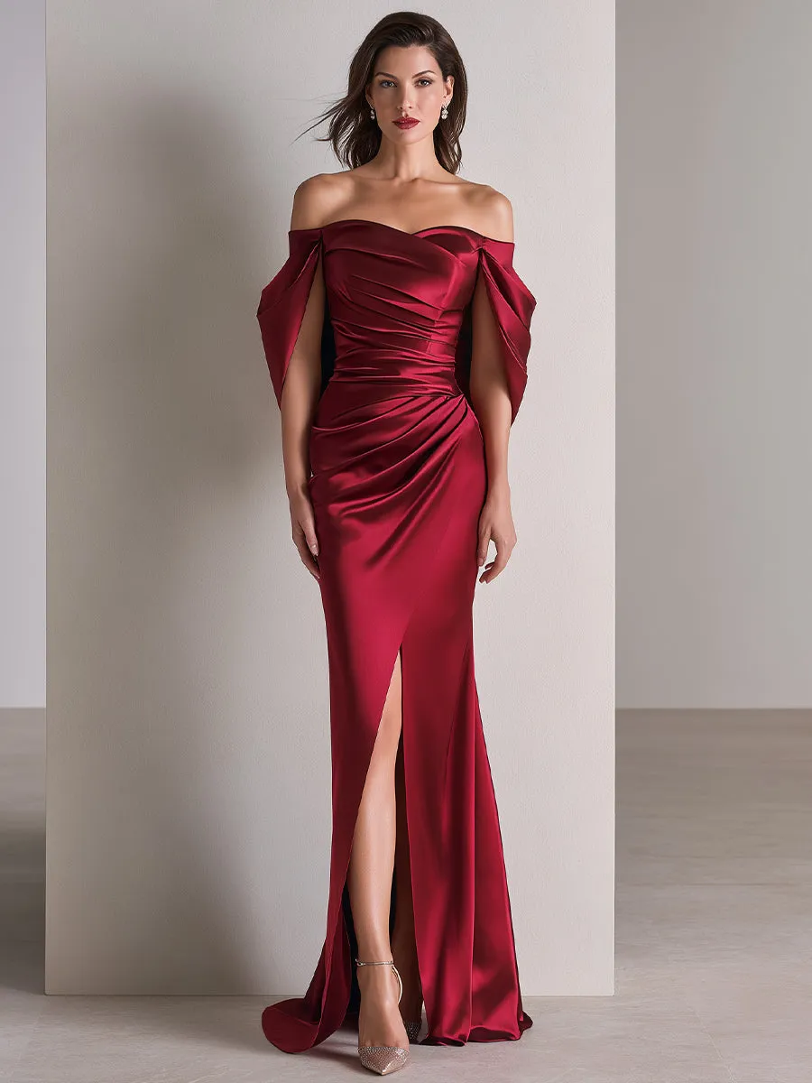 Off-Shoulder Draped Sleeve Ruched Satin Evening Gown sold by Mooyius product image thumbnail 2