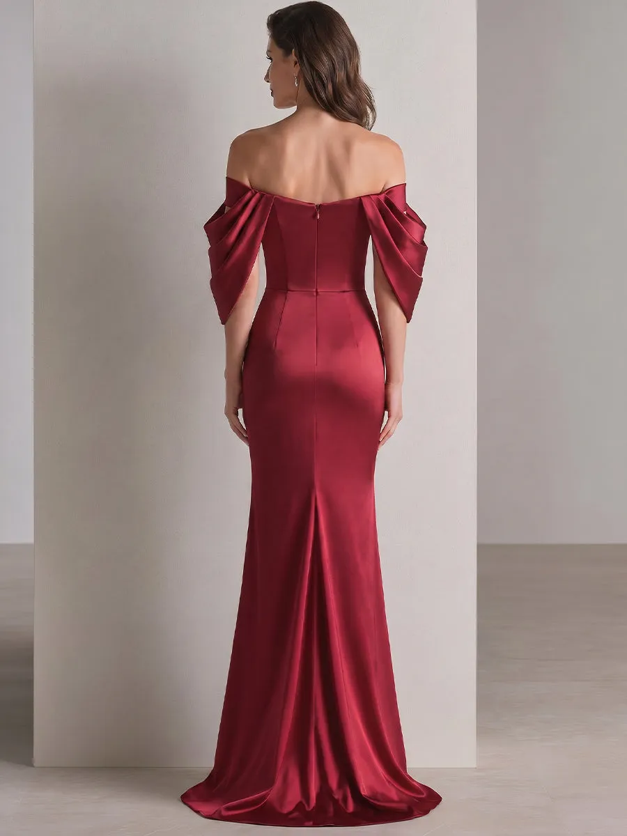 Off-Shoulder Draped Sleeve Ruched Satin Evening Gown sold by Mooyius product image thumbnail 5