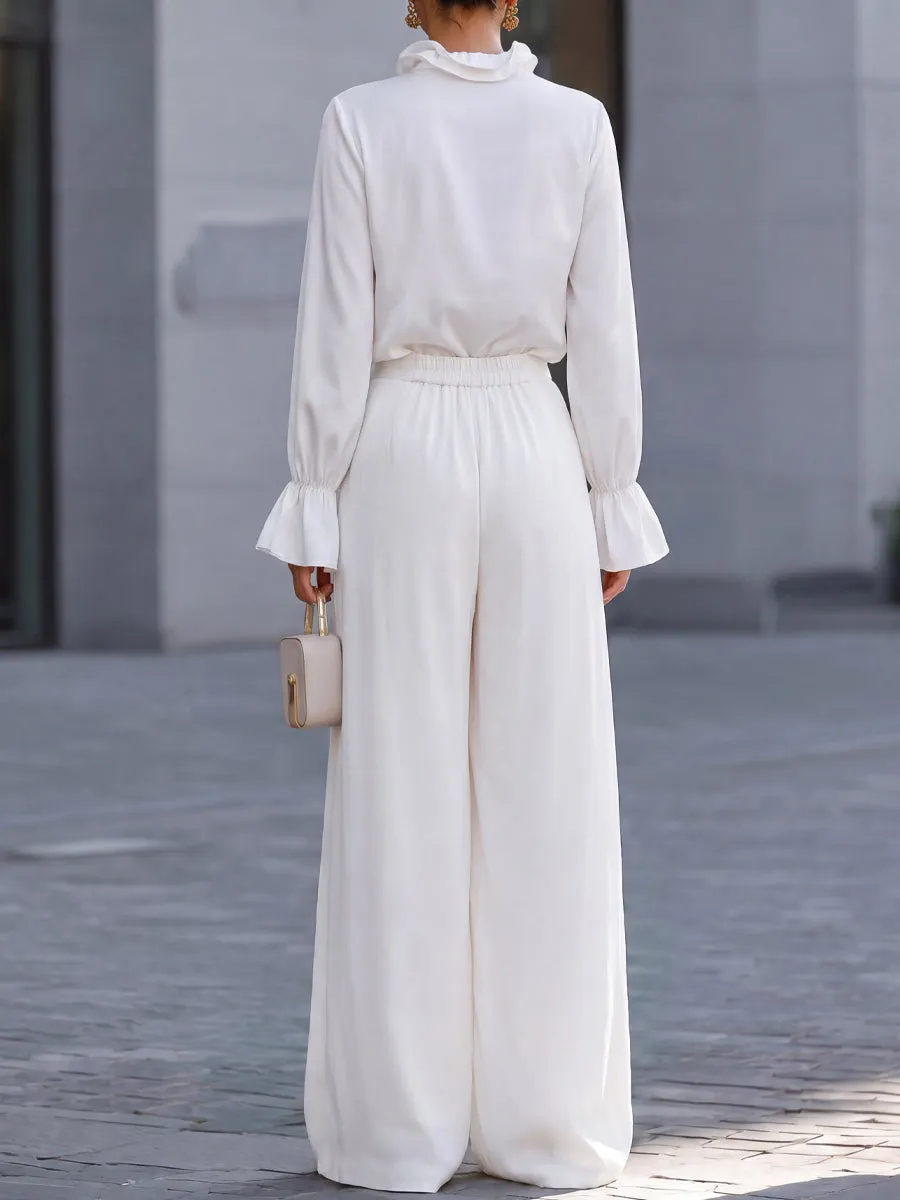 Ruffle Tie-Neck Blouse Wide-Leg Trousers Two-Piece Set sold by Mooyius product image thumbnail 4