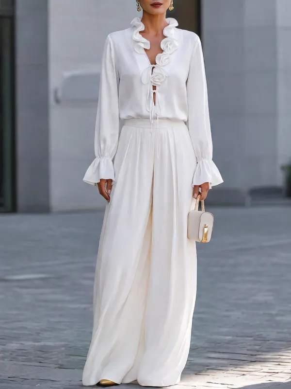 Ruffle Tie-Neck Blouse Wide-Leg Trousers Two-Piece Set made by Mooyius