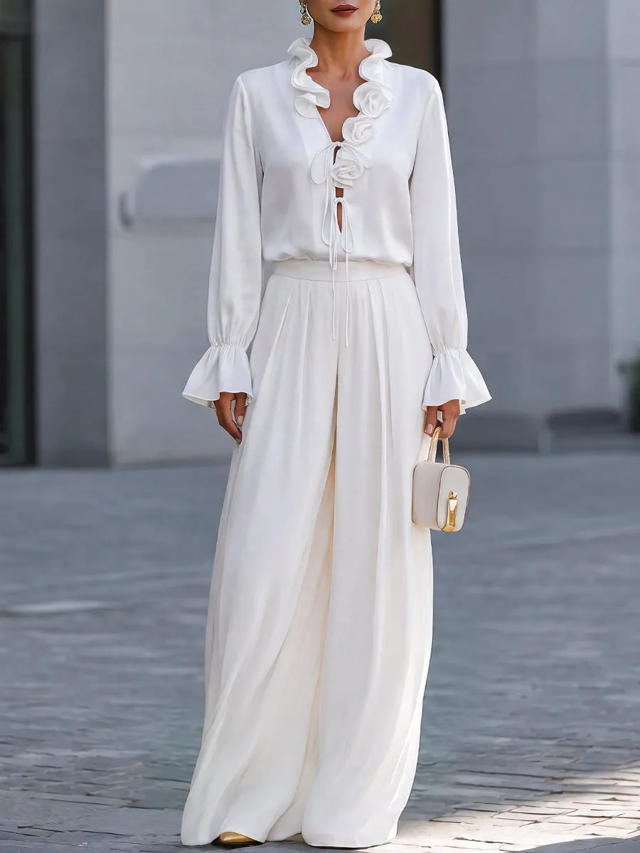 Ruffle Tie-Neck Blouse Wide-Leg Trousers Two-Piece Set sold by Mooyius