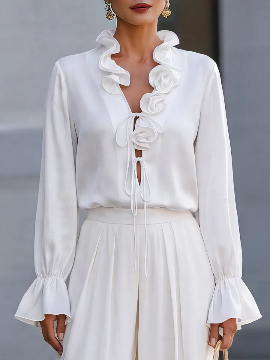 Ruffle Tie-Neck Blouse Wide-Leg Trousers Two-Piece Set sold by Mooyius product image thumbnail 2