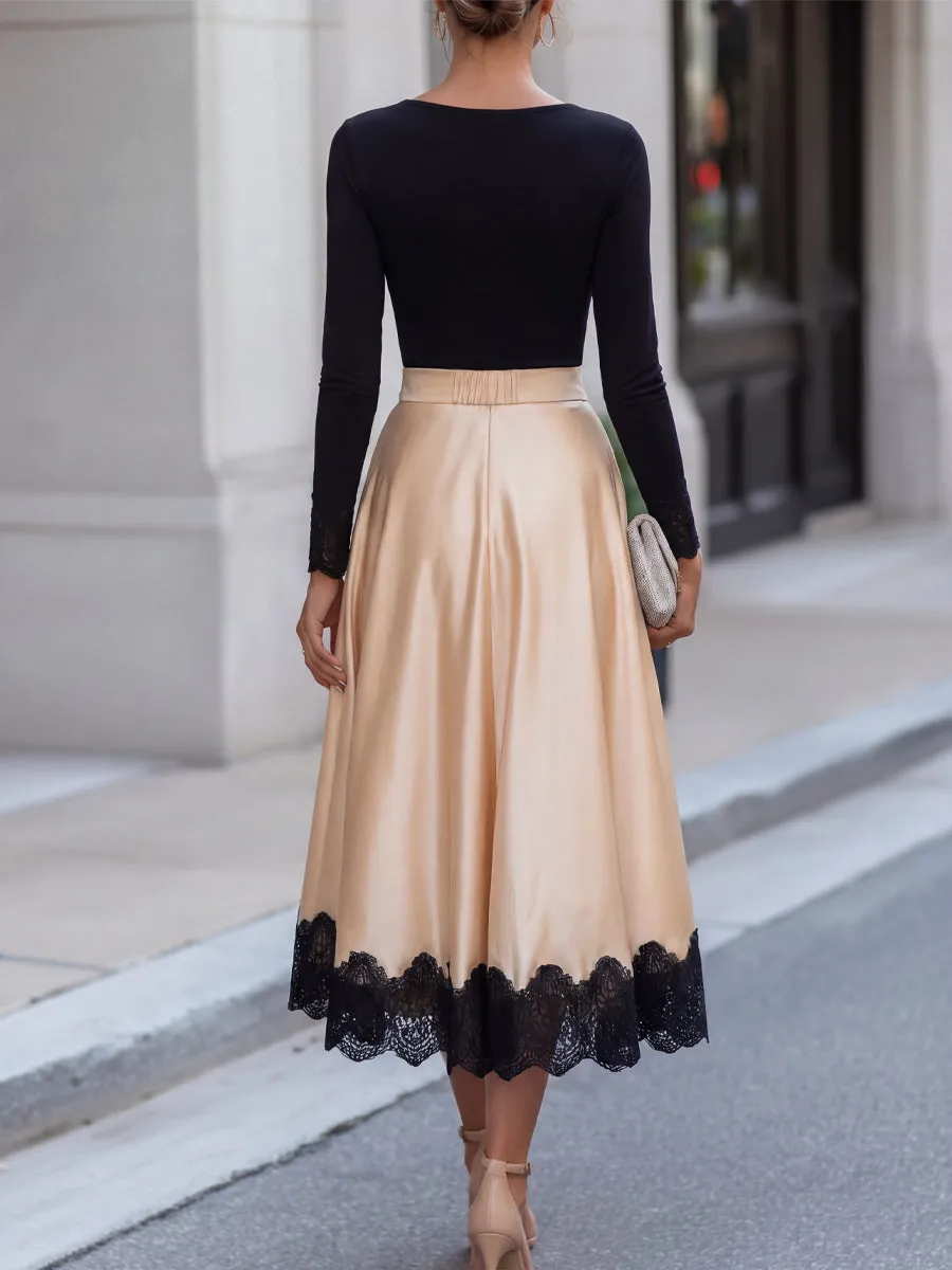 Lace Trim T-Shirt Satin A-Line Skirt Two-Piece Set sold by Mooyius product image thumbnail 4
