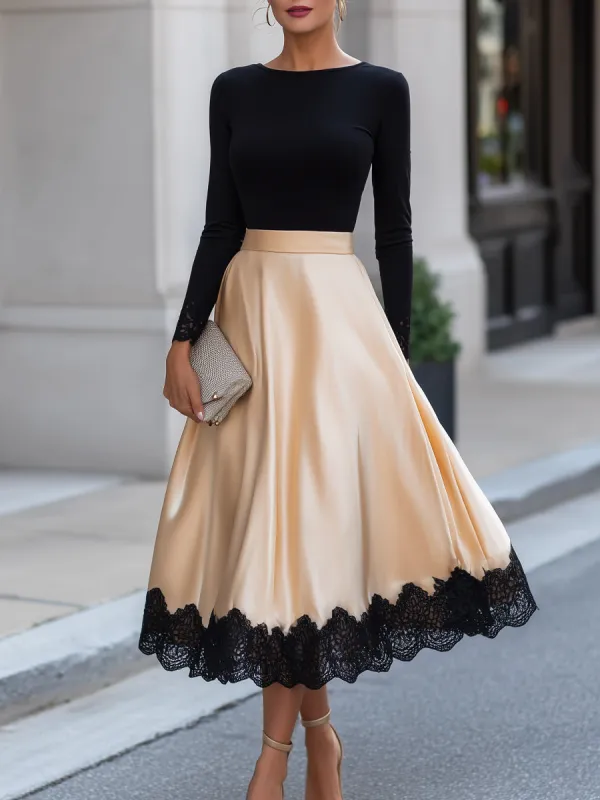 Lace Trim T-Shirt Satin A-Line Skirt Two-Piece Set made by Mooyius