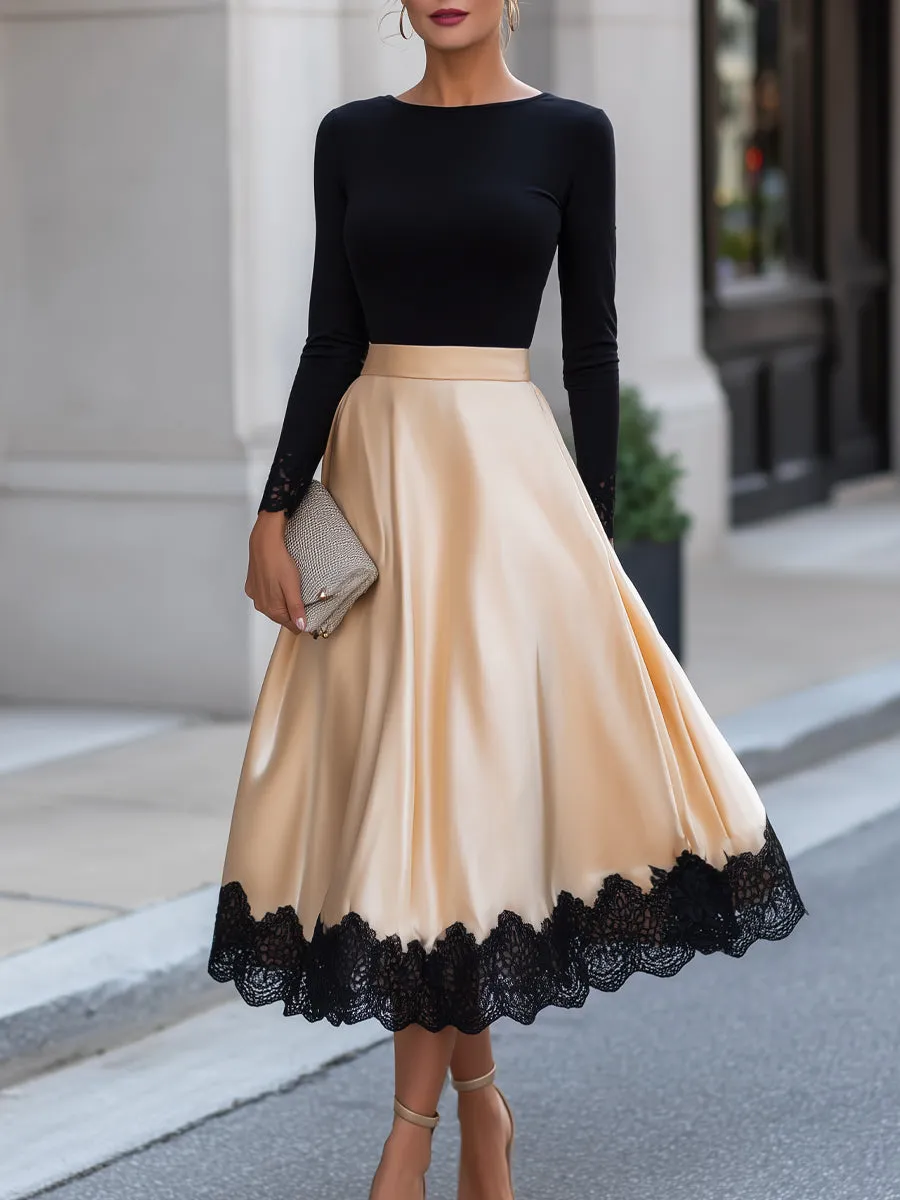 Lace Trim T-Shirt Satin A-Line Skirt Two-Piece Set sold by Mooyius