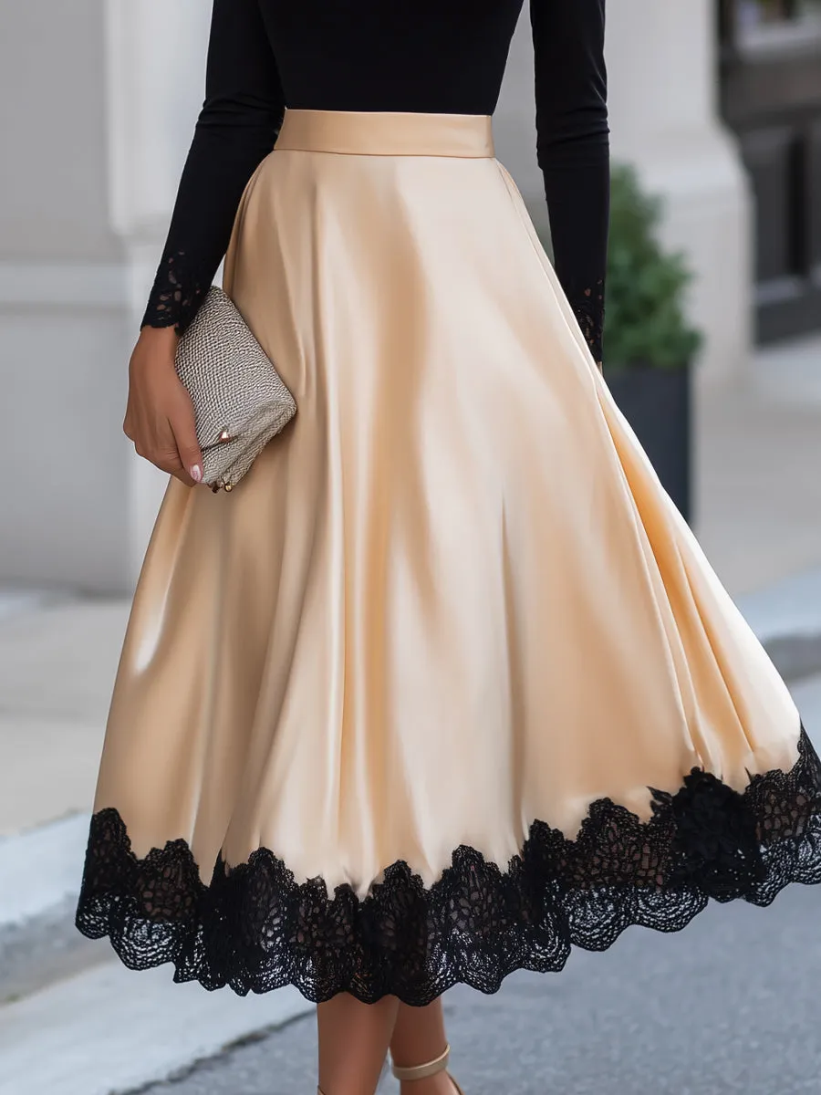 Lace Trim T-Shirt Satin A-Line Skirt Two-Piece Set sold by Mooyius product image thumbnail 3