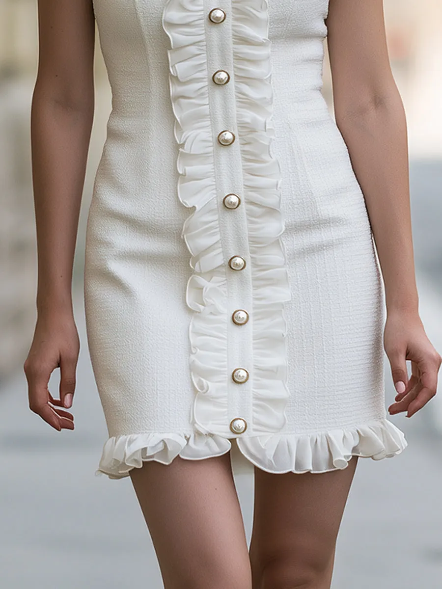 Elegant Ruffle Trim Pearl Button Mini Dress sold by Mooyius product image thumbnail 4