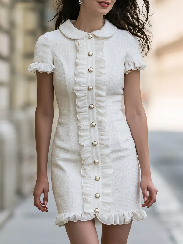 Elegant Ruffle Trim Pearl Button Mini Dress made by Mooyius