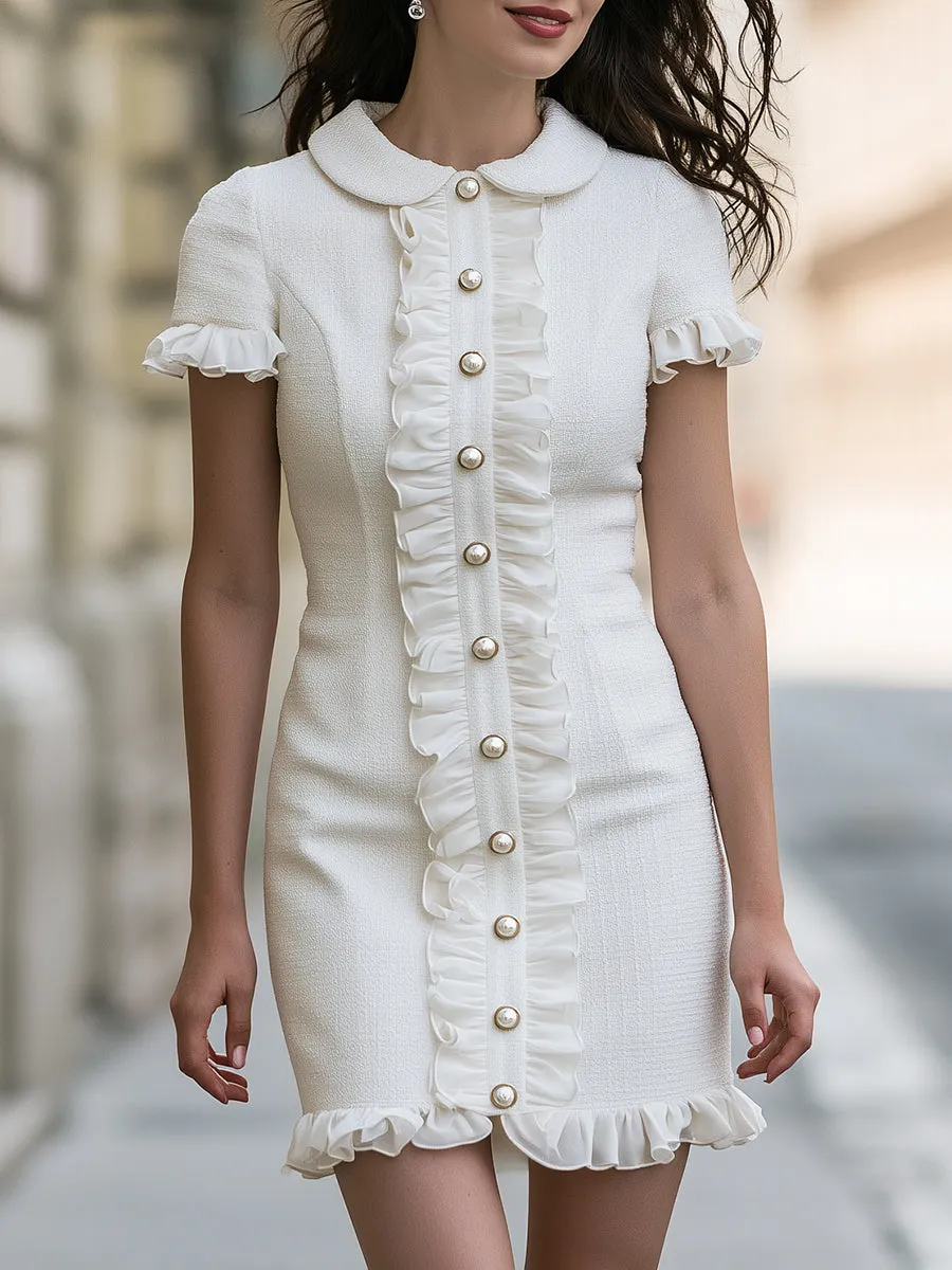 Elegant Ruffle Trim Pearl Button Mini Dress sold by Mooyius
